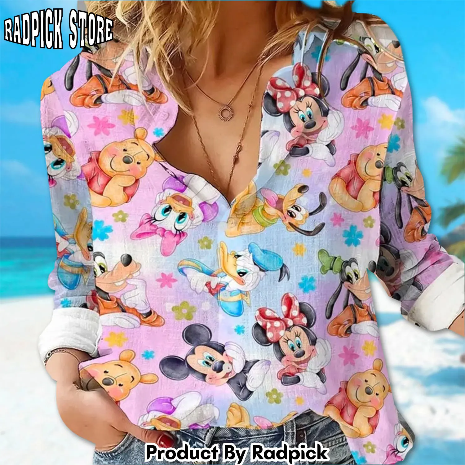 Radpick watercolor mickey and friends linen shirt mickey minnie pooh donald goofy linen casual shirt cartoon gift for women magic kingdom sh rp66222